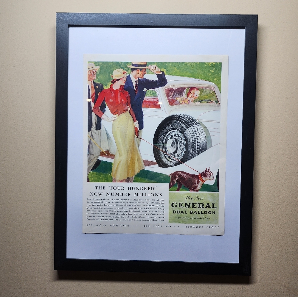 Framed Vintage General Dual Balloon Tire Ad 1938 Fortune Magazine 12x16 Black